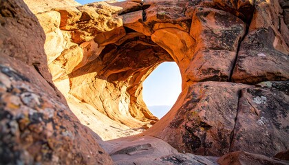 Red sandstone arch frames a bright blue sky in the desert landscape