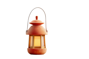 Vintage rustic lantern with soft orange glow in black background, cut out