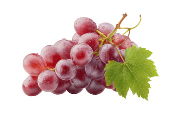 Fresh red grape cluster with leaf isolated on black background, cut out