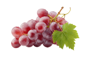 Fresh red grape cluster with leaf isolated on black background, cut out
