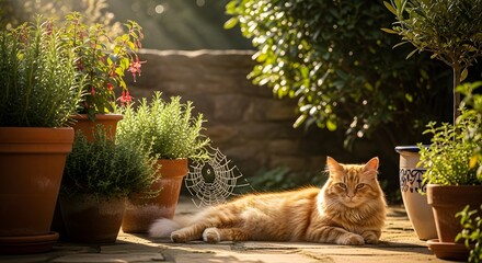A fluffy ginger cat relaxes on a sunny patio surrounded by vibrant potted plants in a tranquil garden setting