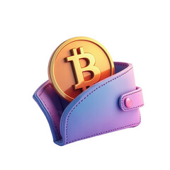 A golden bitcoin coin rests securely within a vibrant purple and blue leather wallet, highlighting modern digital currency storage.