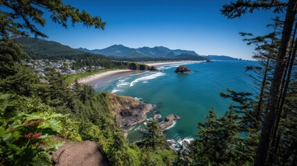 Fototapeta premium A sweeping vista reveals a picturesque coastal scene, featuring a sandy beach, turquoise water, and lush greenery draped over a rocky cliff.