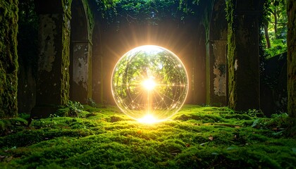 Glowing Orb Illuminated by Sunlight in a Forest Scene