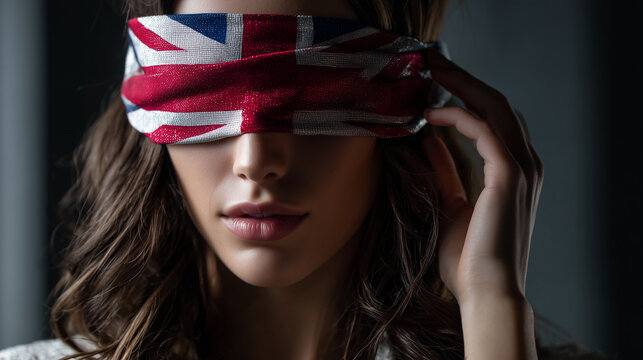 Young Woman Blindfolded with British Flag as a Symbol