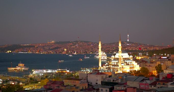 Evening view of Camila Tower, Yeni Camii, Bosphorus, Galata Tower, Golden Horn Istanbul, Turkey, Turkiye