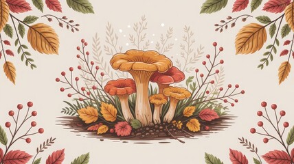 Stylized fall nature illustration with mushrooms, berries and leaves in warm tones, beige background, cozy autumn artwork for printable design or seasonal project