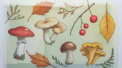 Botanical illustration with six mushrooms, autumn leaves, red berries, and twigs — arranged on light background in forest-themed composition
