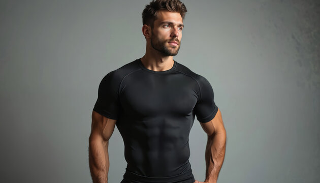 Muscular man in black compression shirt, joggers poses confidently in studio. Fit male model athletic wear, active lifestyle, workout gear. Sharp focus on physique, apparel for fitness marketing.