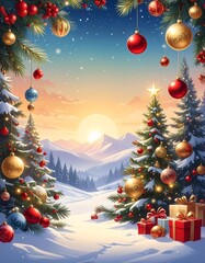 Festive winter landscape with Christmas trees