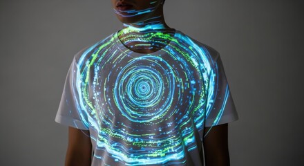 Person displaying a luminous digital spiral graphic projected onto a plain white t-shirt