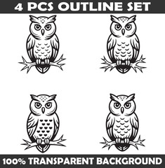 Obraz premium Set of Owl Outline vector illustration isolated On Transparent Background