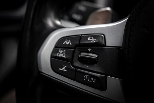 Detailed view of BMW X4 steering wheel controls, featuring buttons for cruise control, speed limiter, and lane keeping assist with sleek black and metallic design.