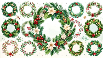 Watercolor Christmas Wreaths Collection: Festive Green, Red Berries, Poinsettia