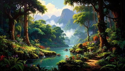 Lush tropical forest scene with river