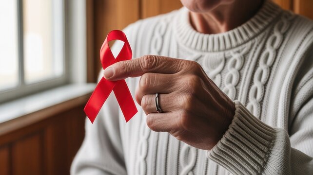 A hand holding a red ribbon symbolizing December World AIDS Day (Acquired Immune Deficiency Syndrome), Multiple Myeloma Cancer Awareness Month. World aids day and aging awareness month
