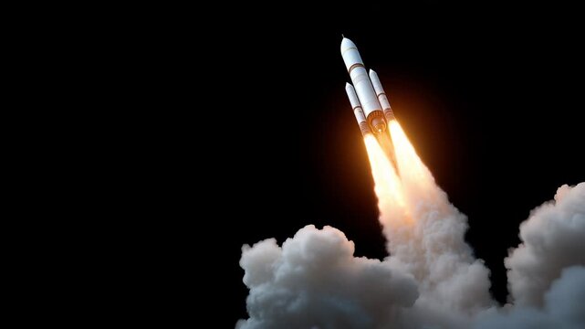 Powerful multi-stage rocket piercing cloud layer with intense bright exhaust, climbing vertically against dark atmospheric backdrop. High-precision engineering demonstrating space exploration