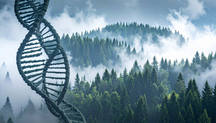 Silhouette of DNA Double Helix on Grey. Science concept. Generated Image