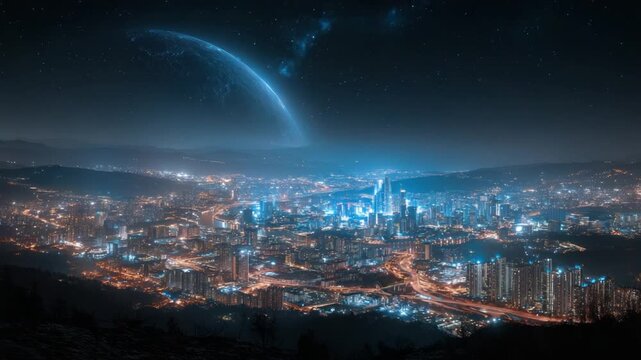 Cityscape at night with extraterrestrial object
