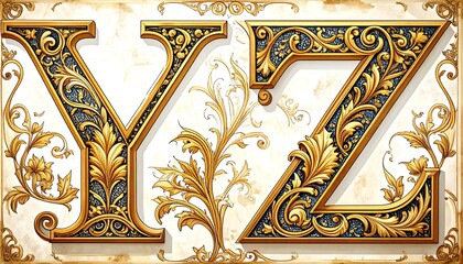 Ornate gold letters Y and Z on textured background (1)