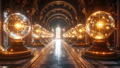 Fototapeta premium Glowing Orbs in a Grand Hall Lined with Columns and Detailed Arches