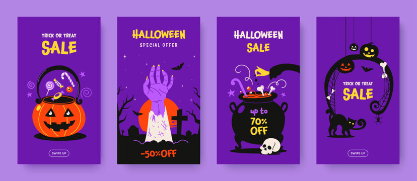 Set of Halloween social media stories template with funny spooky illustrations and place for text. Halloween Sale special offer banner design. Vector illustration.