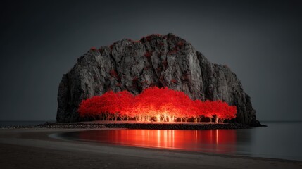 A dramatic coastal scene showcases a dramatic rock formation, vibrant red trees illuminated against a dark gray sky, reflected in the still water.