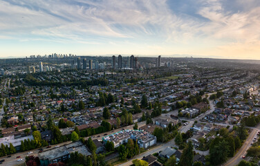 Aerial View Of Burnaby Skyline And Suburban Neighborhoods In Greater Vancouver, BC, Canada