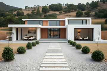Fototapeta premium Modern Hillside Home with Minimalist Design and Natural Surroundings