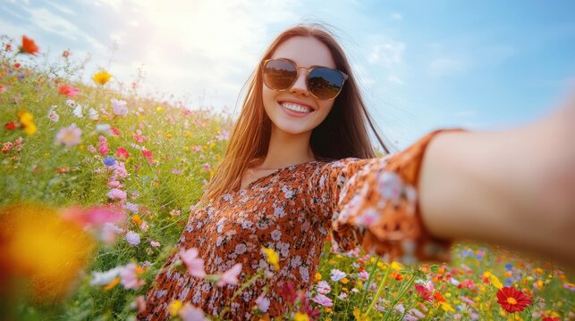 A woman takes a selfie in a vibrant flower field. - Powered by Adobe