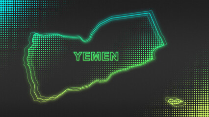 Neon Blue-Yellow Yemen Map Outline Futuristic Glow Halftone Illustration
