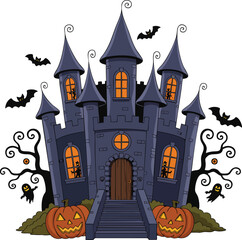 Spooky Halloween Haunted Castle Illustration with Ghosts, Bats, and Pumpkins and full moon with ghost,horror night background.Vector illustration, 