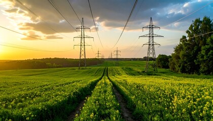 Power lines across a vibrant yellow-green field at sunset