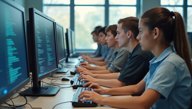 Students focused on computers in lab, learning coding, programming. Young people develop digital skills for future careers in technology, software development. Modern education fosters innovation,