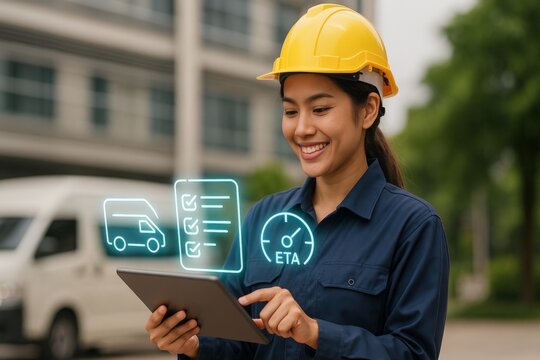 Logistics management action construction site digital communication tool urban environment close-up view efficiency in tracking delivery status