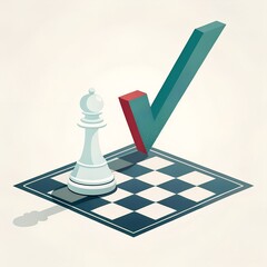 A chess piece, a white king, stands on a chessboard. A large green checkmark is positioned beside it, symbolizing success or achievement in strategy.