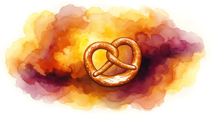 The symbolism of the Oktoberfest Festival in abstract watercolor: Soft pretzel on colorful watercolor background  