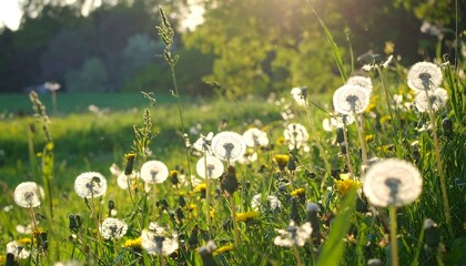 Dandelion seed heads glow in a sun-drenched meadow against a backdrop of trees