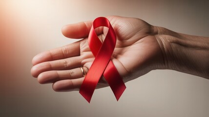 A hand holding a red ribbon symbolizing December World AIDS Day (Acquired Immune Deficiency Syndrome), Multiple Myeloma Cancer Awareness Month. World aids day and aging awareness month