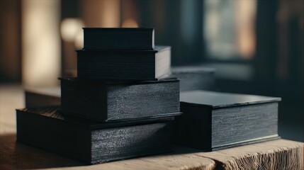 Stack of Matte Black Rectangular Boxes on Wooden Surface isolated on a transparent background