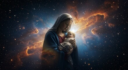 Fototapeta premium The Virgin Mary holding Baby Jesus in front of a nebula backdrop