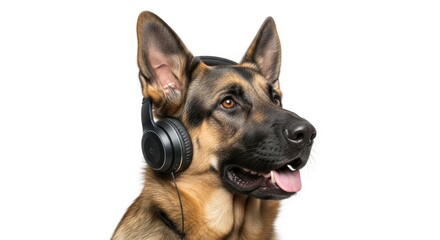 dog wearing headphones, listening to music, on a solid white background