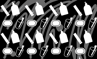 Pattern or set with bathroom items toothbrush toothpaste soap shampoo vector svg icons silhouette white