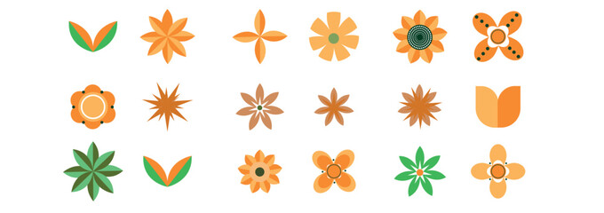 Flat vector illustration of abstract autumn flowers in geometric design with orange petals and leaves