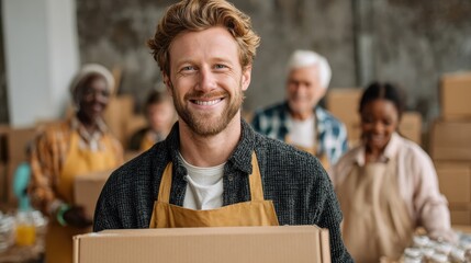 charity donation and volunteering concept  happy smiling male volunteer with food in box and international group of people at distribution or refugee assistance center no logos no brands ar 169