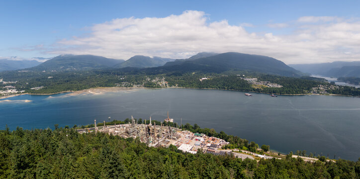 Aerial View Of Industrial Plant By Coastal Lake In Burnaby, Greater Vancouver, BC, Canada Region
