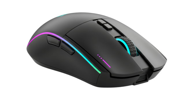 Ergonomic computer mouse with customizable rgb lighting and scroll wheel, isolated on transparent background
