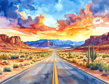 Scenic desert highway at sunset - Powered by Adobe