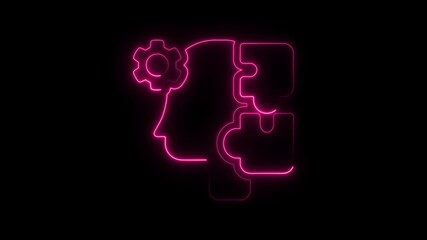 Neon pink glowing human head silhouette with gear and puzzle pieces forming a thought process - Powered by Adobe
