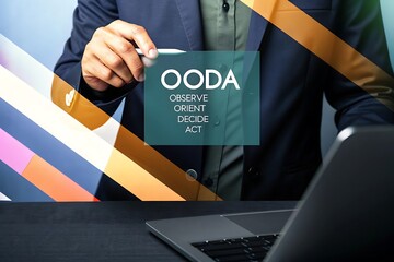 Businessman in suit presents OODA loop concept: Observe, Orient, Decide, Act; strategic decision-making, modern business strategy, corporate planning, leadership, technology.